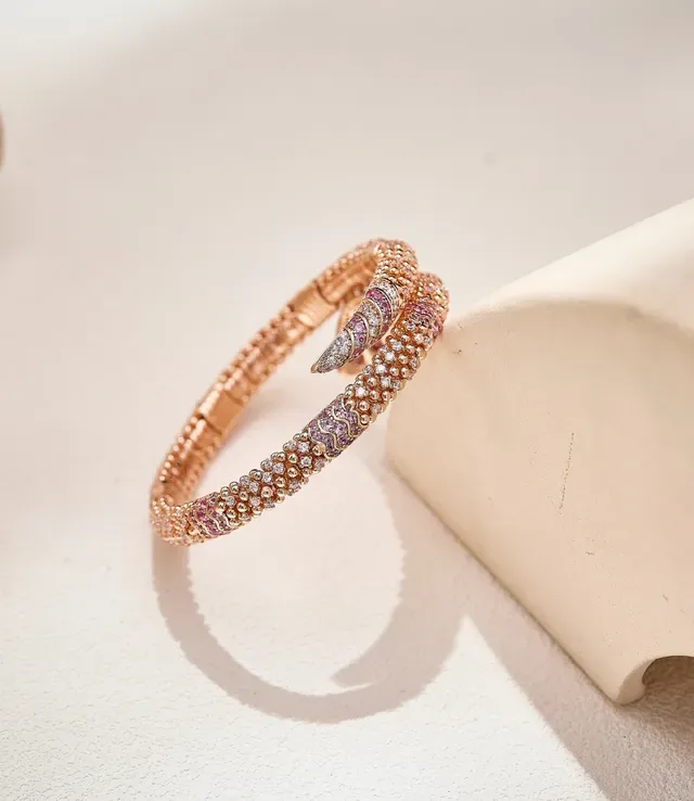 Snake Motif Pavé Gemstone Rose Gold Bangle Bracelet 6