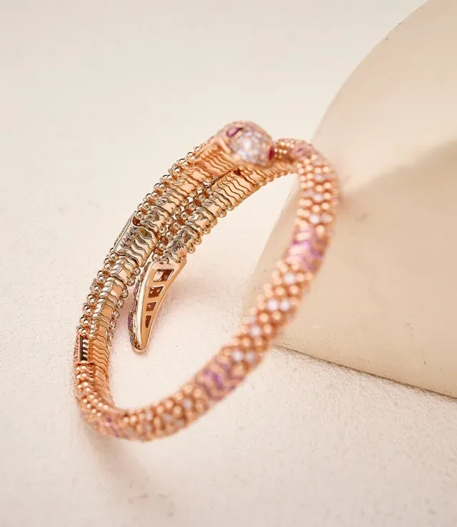 Snake Motif Pavé Gemstone Rose Gold Bangle Bracelet 7