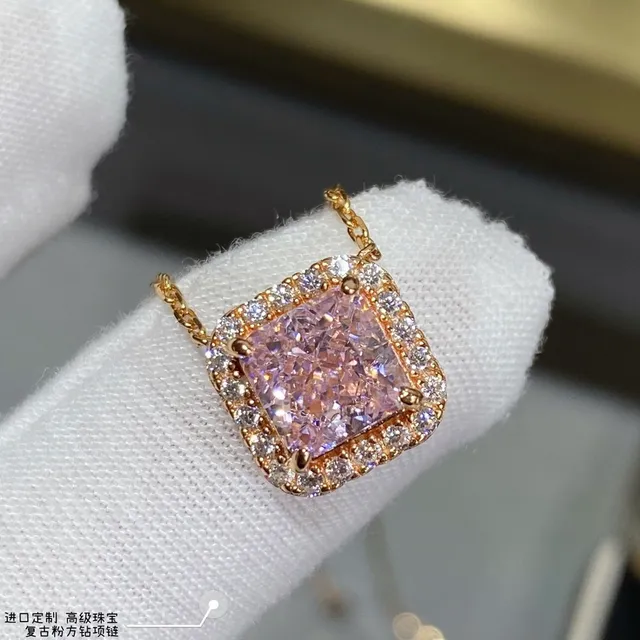 Square-Cut Pink Gemstone Halo Pendant Necklace 3