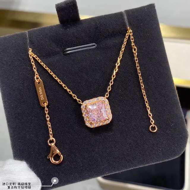 Square-Cut Pink Gemstone Halo Pendant Necklace 5