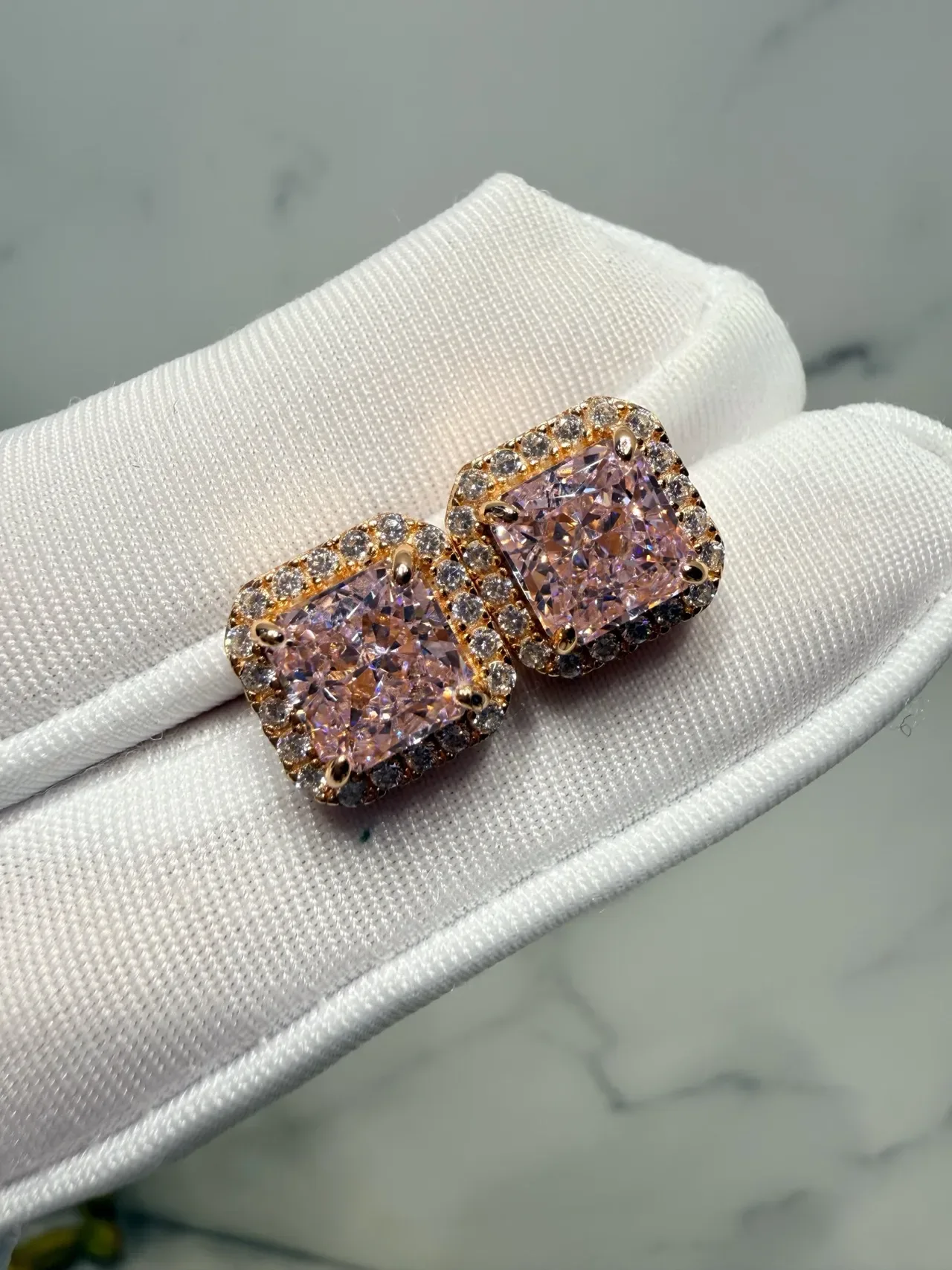 Square-Cut Pink Purple Halo Stud Earrings 3