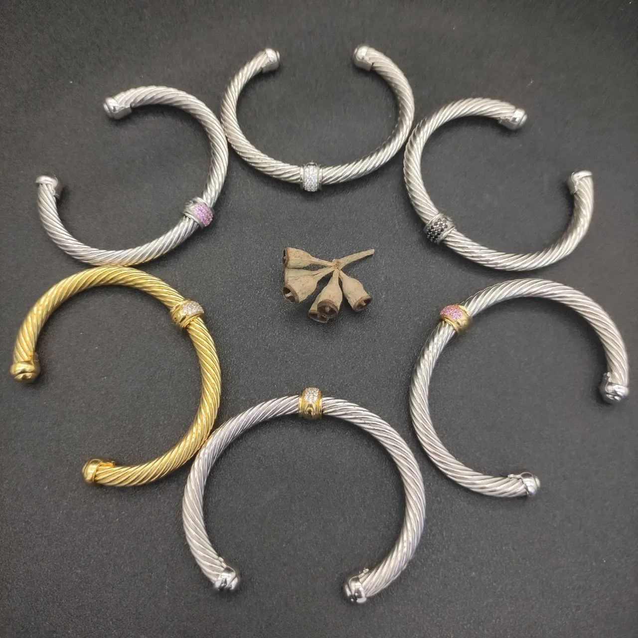 Twisted Cable Pavé Gem Station Open Bangle Bracelets 4