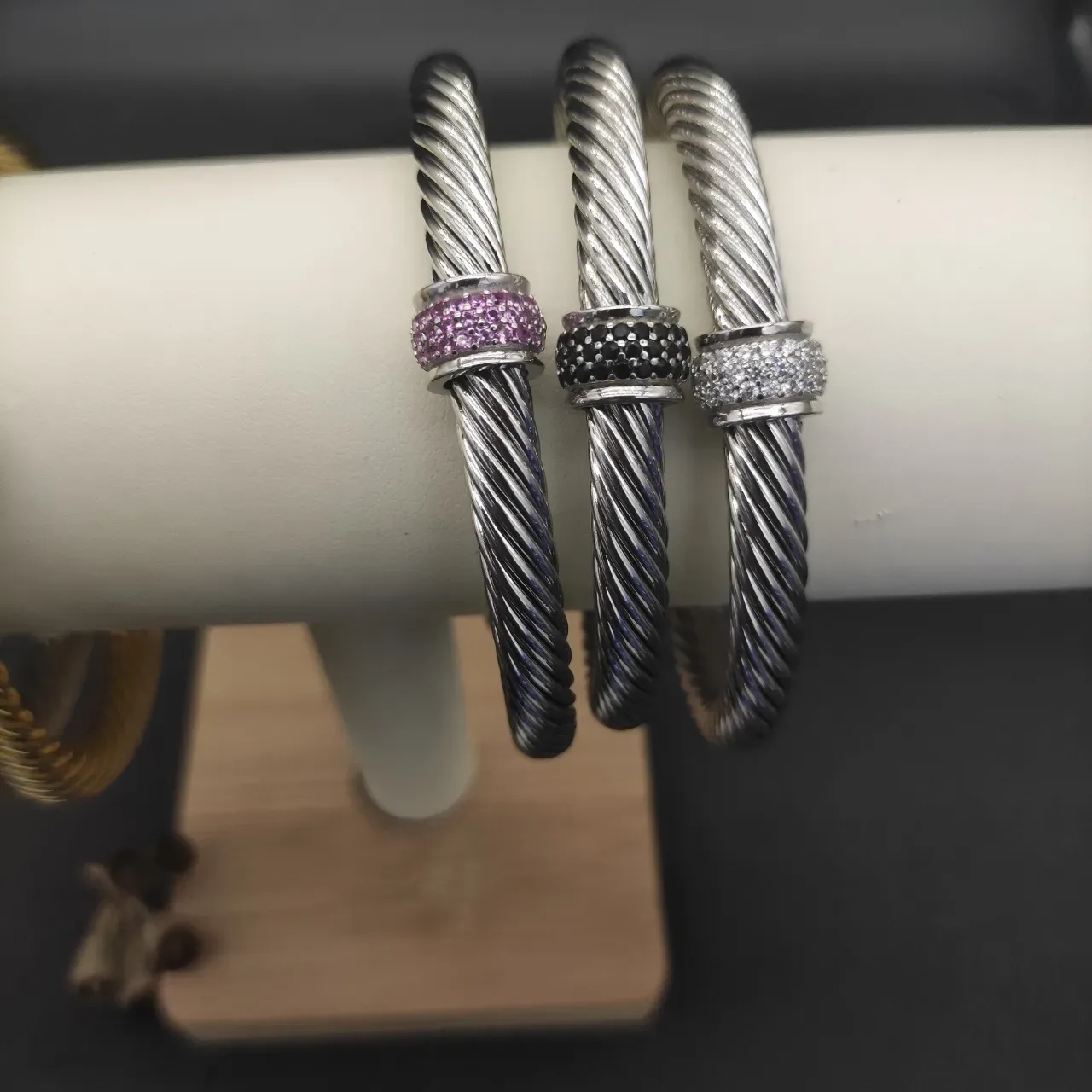Twisted Cable Pavé Gem Station Open Bangle Bracelets 7