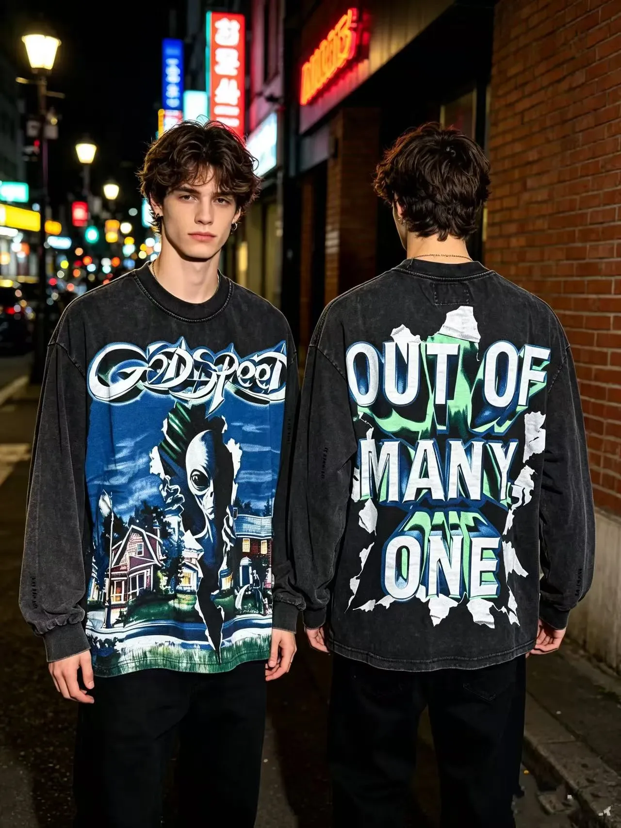 Washed Black Oversized Graphic Long-Sleeve T-Shirt 2