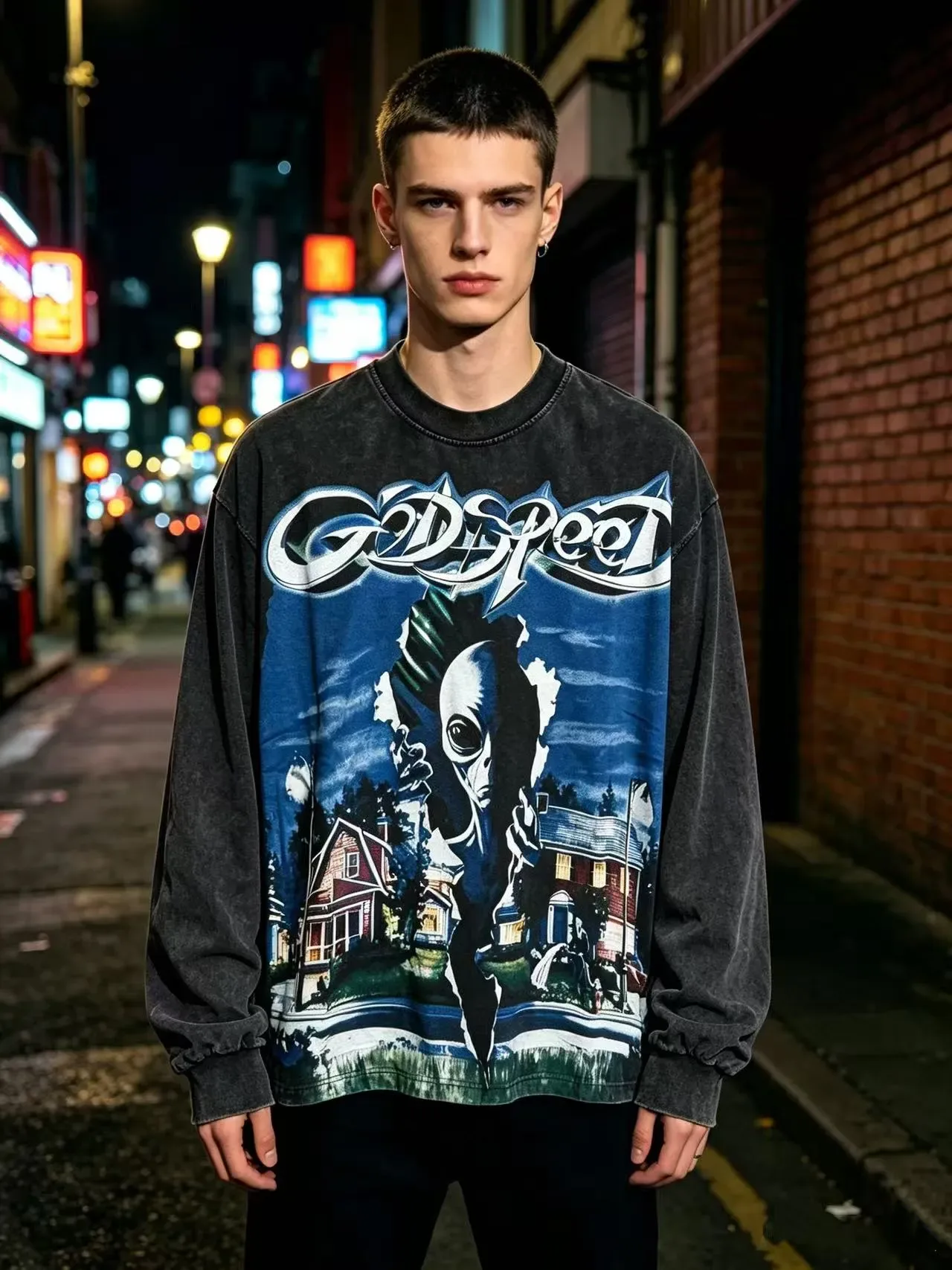 Washed Black Oversized Graphic Long-Sleeve T-Shirt 3