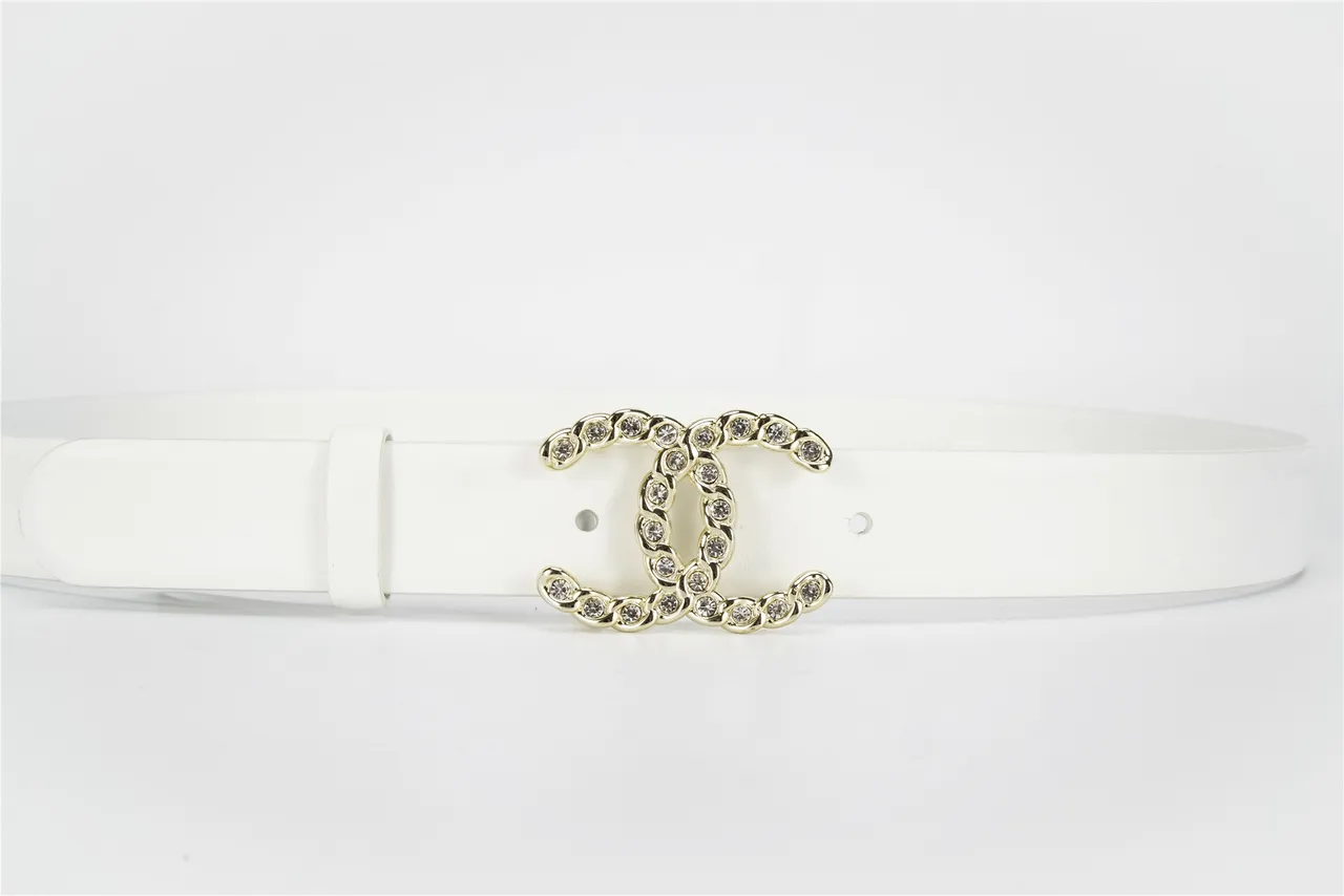 White Gold Smooth Chain-Link Buckle Leather Belt 8