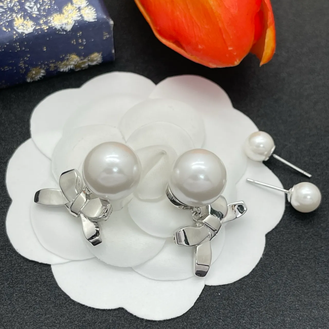 White Silver Pearl Stud Crystal-Embellished Bow Earrings 3