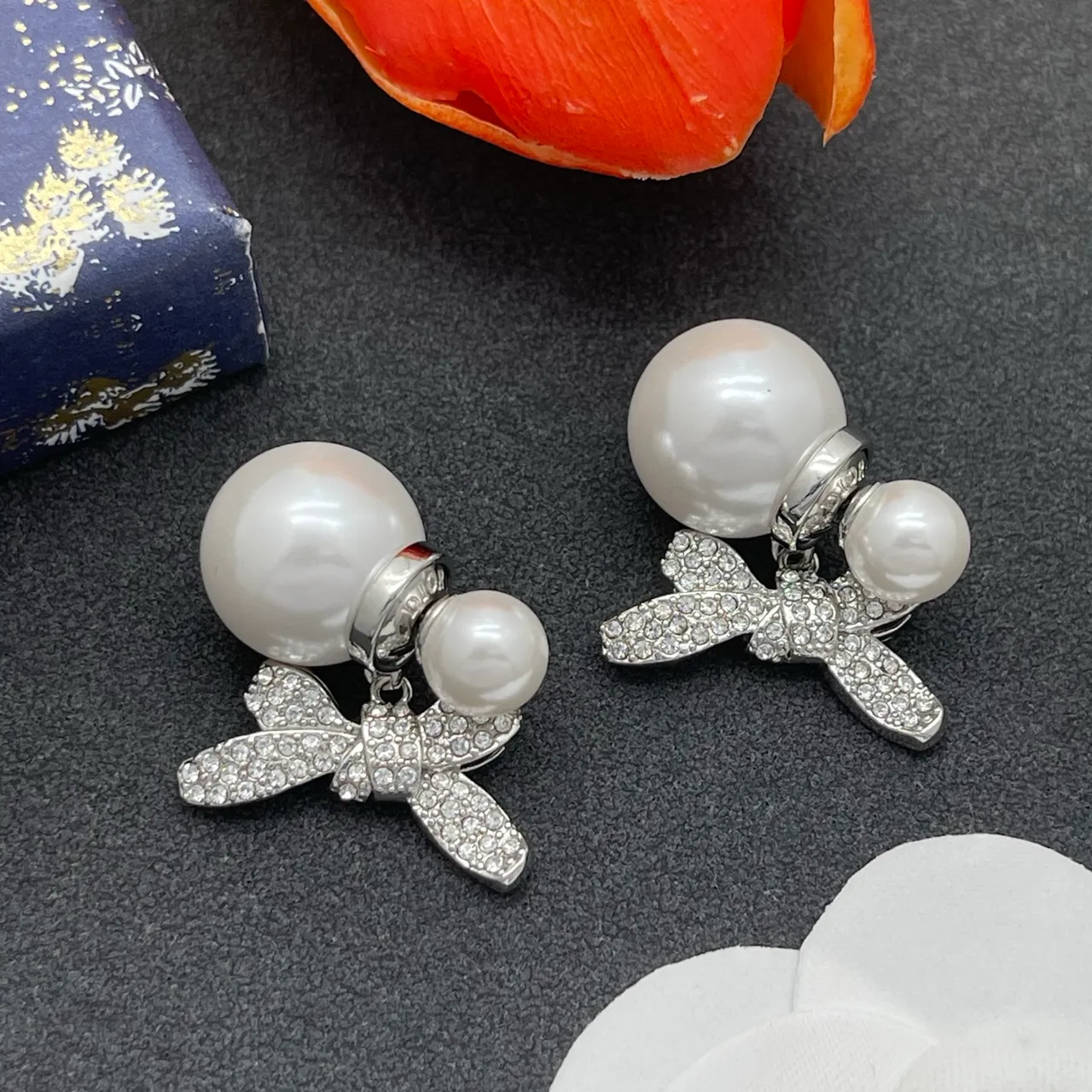 White Silver Pearl Stud Crystal-Embellished Bow Earrings 7