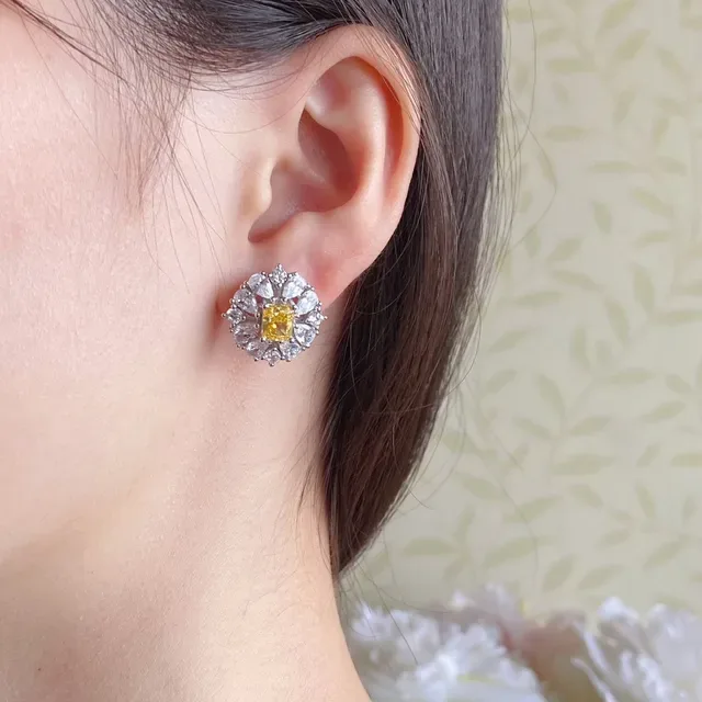Yellow Center Halo Cluster Stud Earrings 9