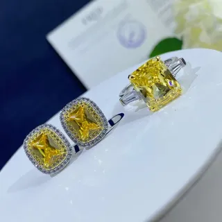 黄色银色枕形中央宝石双环镶钻戒指