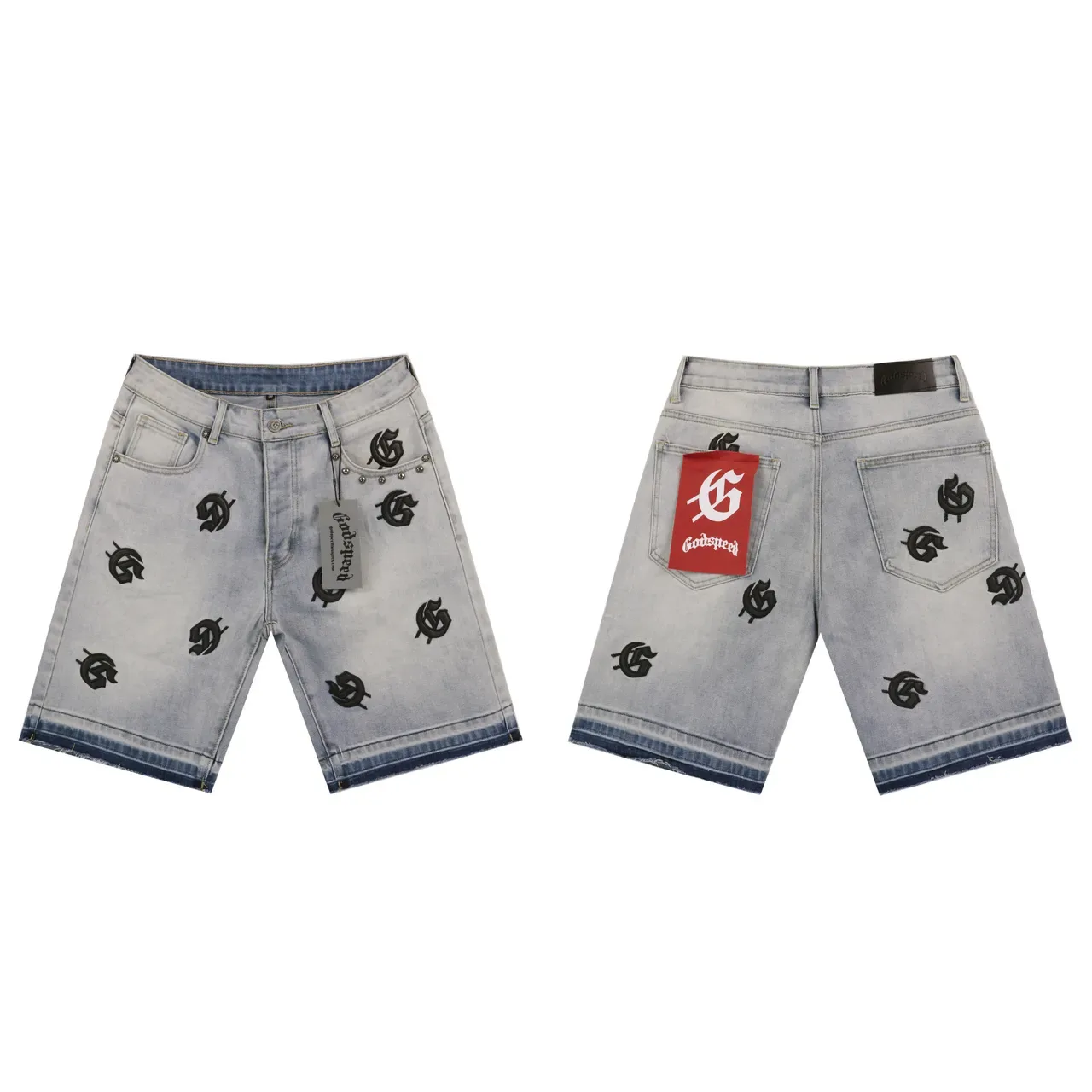 Godspeed Shorts Bleu Noir Brodé Logo Motif Ourlet Déchiré 2