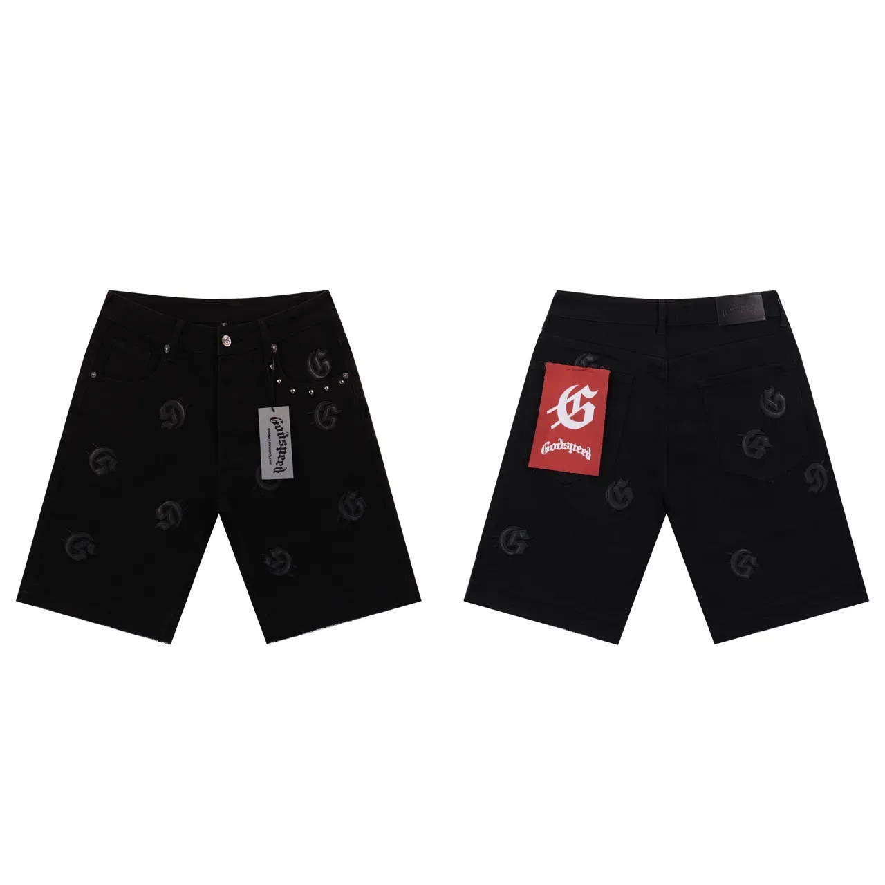 Godspeed Shorts Bleu Noir Brodé Logo Motif Ourlet Déchiré 4