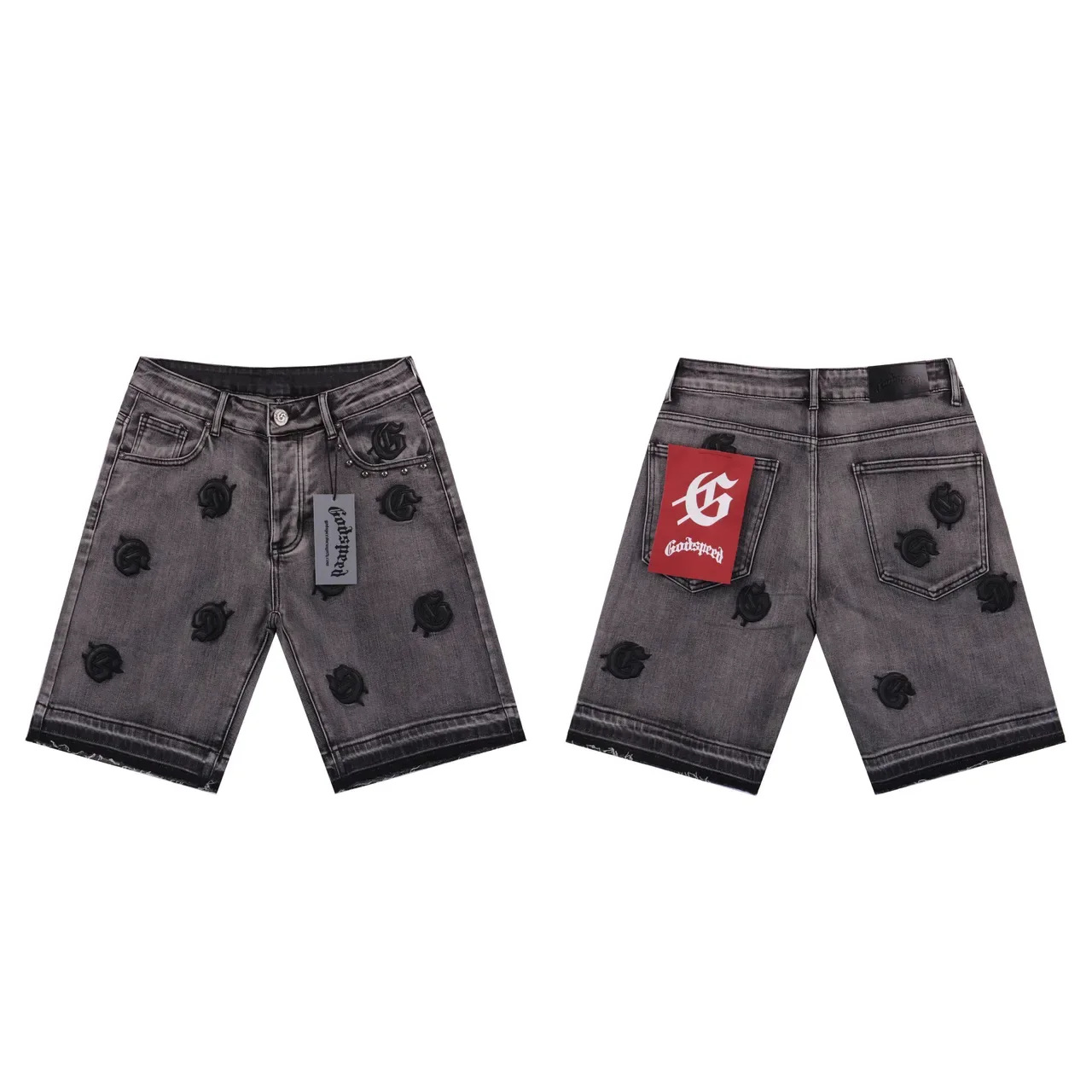 Godspeed Shorts Bleu Noir Brodé Logo Motif Ourlet Déchiré 5