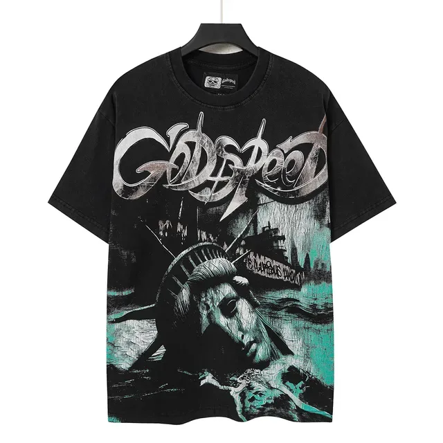 Camiseta preta com estampa gráfica Godspeed Out of Many One 3