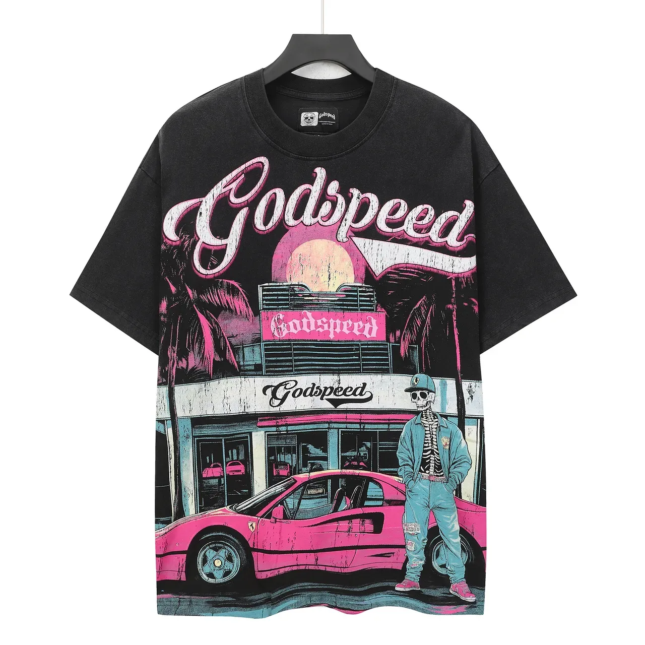 Camiseta Godspeed Oversized Estampado Gráfico Negro Rosa 2