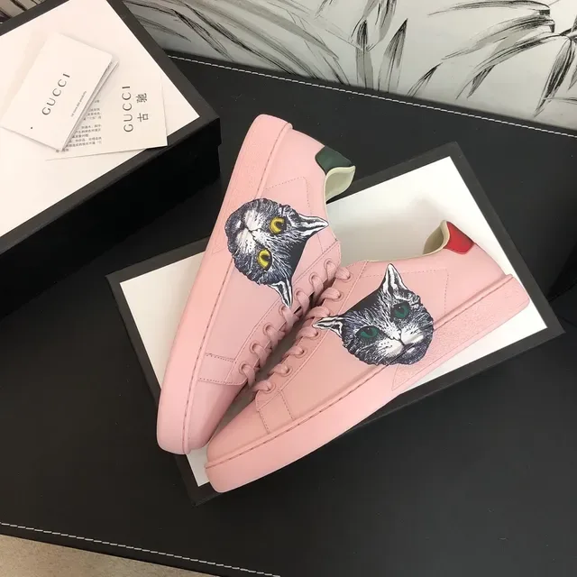 Gucci Ace Cat Tênis Lifestyle de Couro Rosa 3