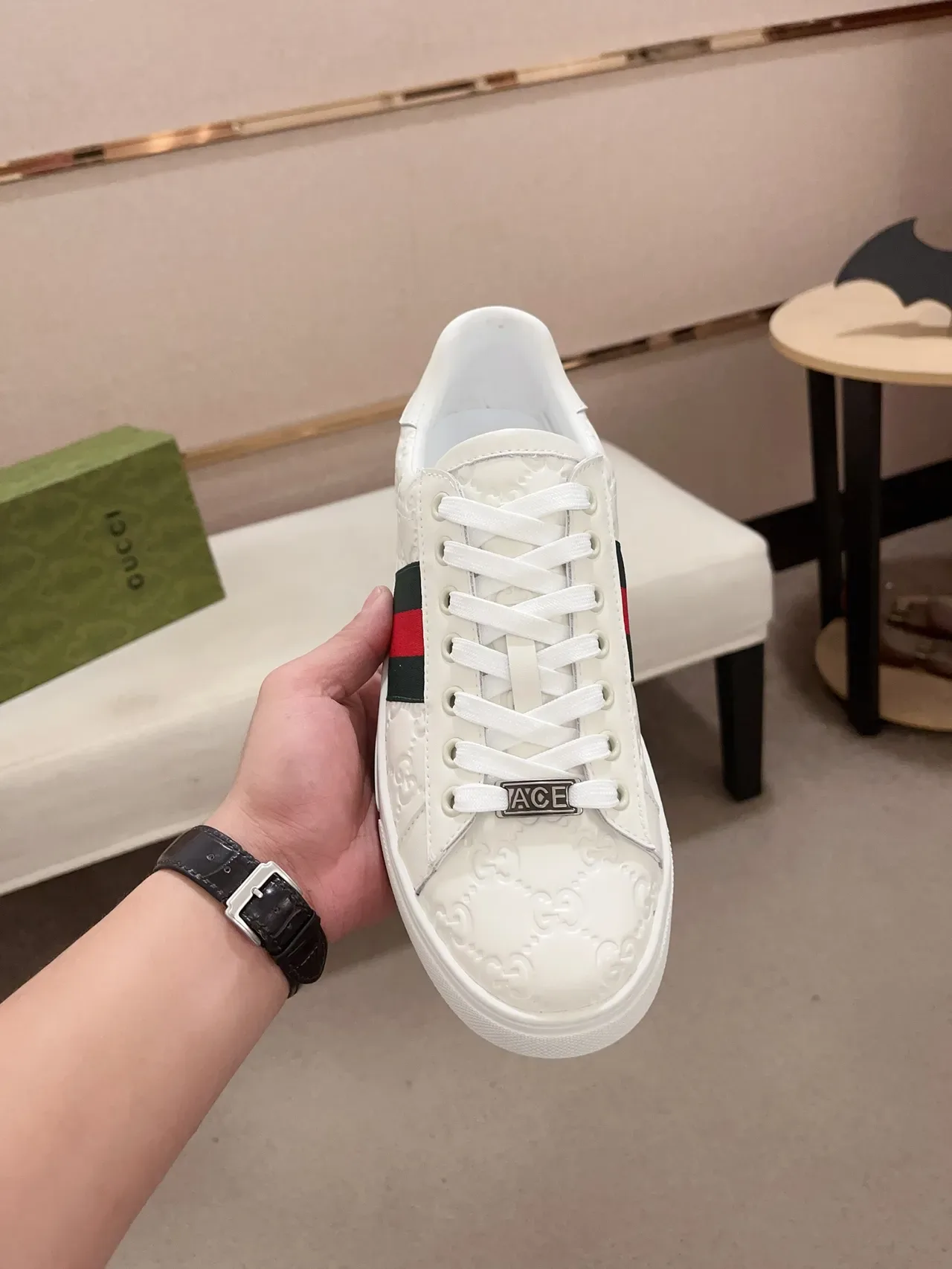 Gucci Ace সাদা উভ্ভাসিত GG Web Stripe লাইফস্টাইল স্নিকার 5