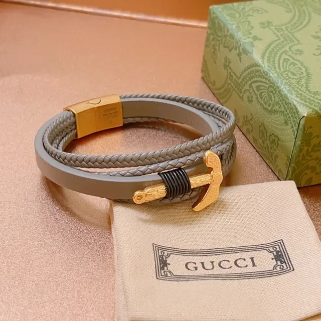 Gucci Ancre Tressée Cuir Gris et Or Bracelet 2