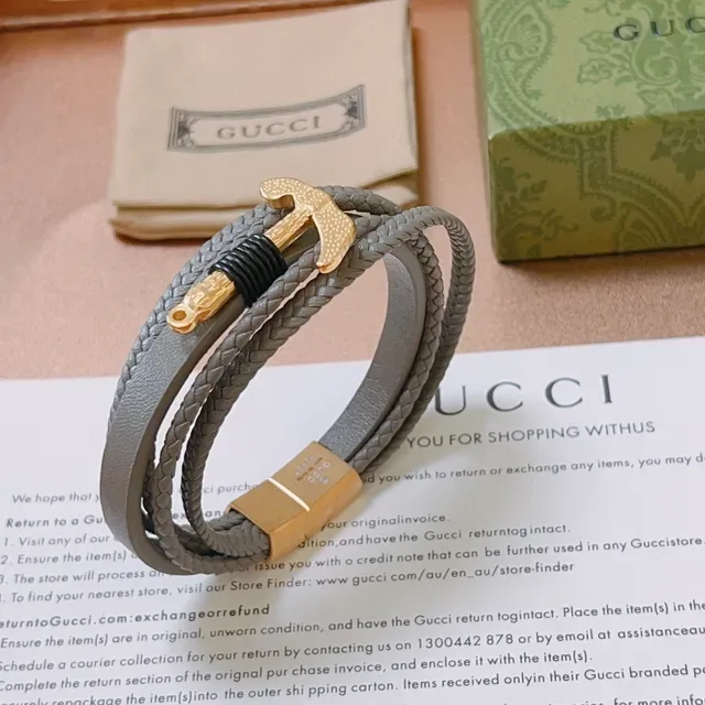 Gucci Ancre Tressée Cuir Gris et Or Bracelet 6