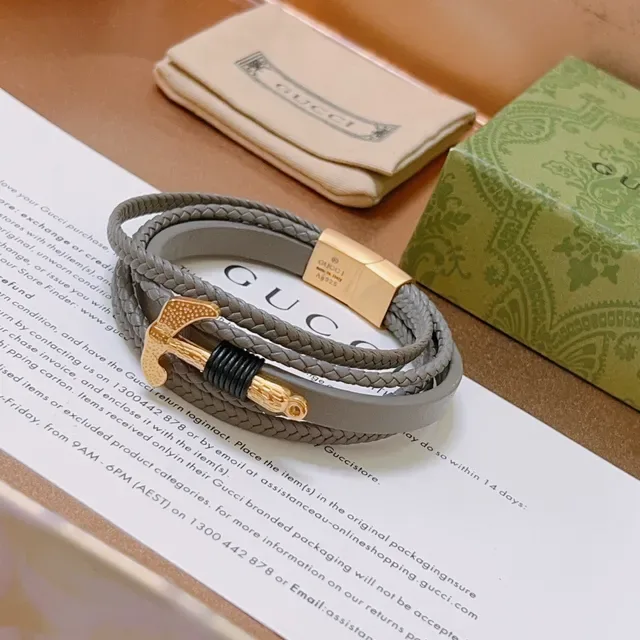Gucci Ancre Tressée Cuir Gris et Or Bracelet 7