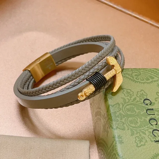 Gucci Ancre Tressée Cuir Gris et Or Bracelet 9