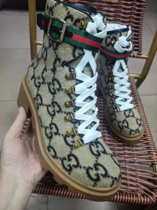Gucci Beige Black GG Monogram Canvas Web Stripe Strap Ankle Boots 3