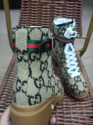 Gucci Beige Black GG Monogram Canvas Web Stripe Strap Ankle Boots 4