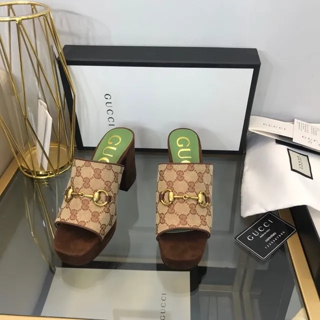 Gucci Beige Brown GG Monogram Canvas Horsebit Buckle Slippers 8