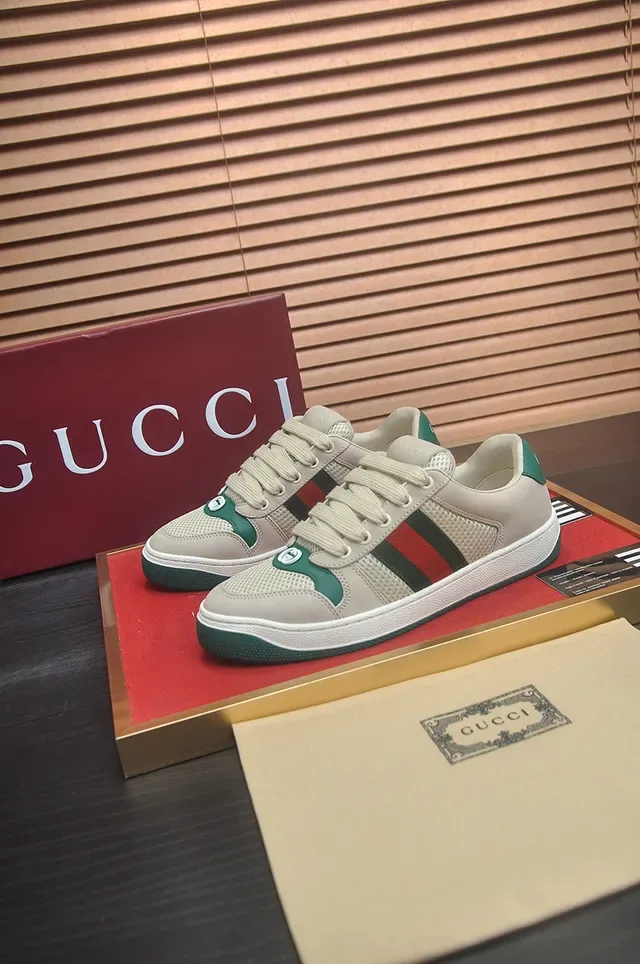 Gucci sneakers lifestyle beige green low-top en maille et cuir 3