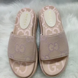 Gucci Beige Rosa GG Monogram Jacquard Platform Sole Slippers