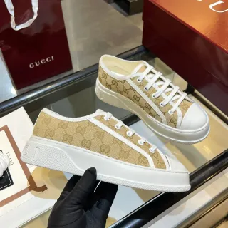 Gucci Beige White GG Monogram Canvas Platform Sole Sneakers
