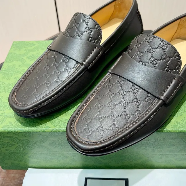 Gucci Black Beige Embossed GG Monogram Penny Strap Loafer 5