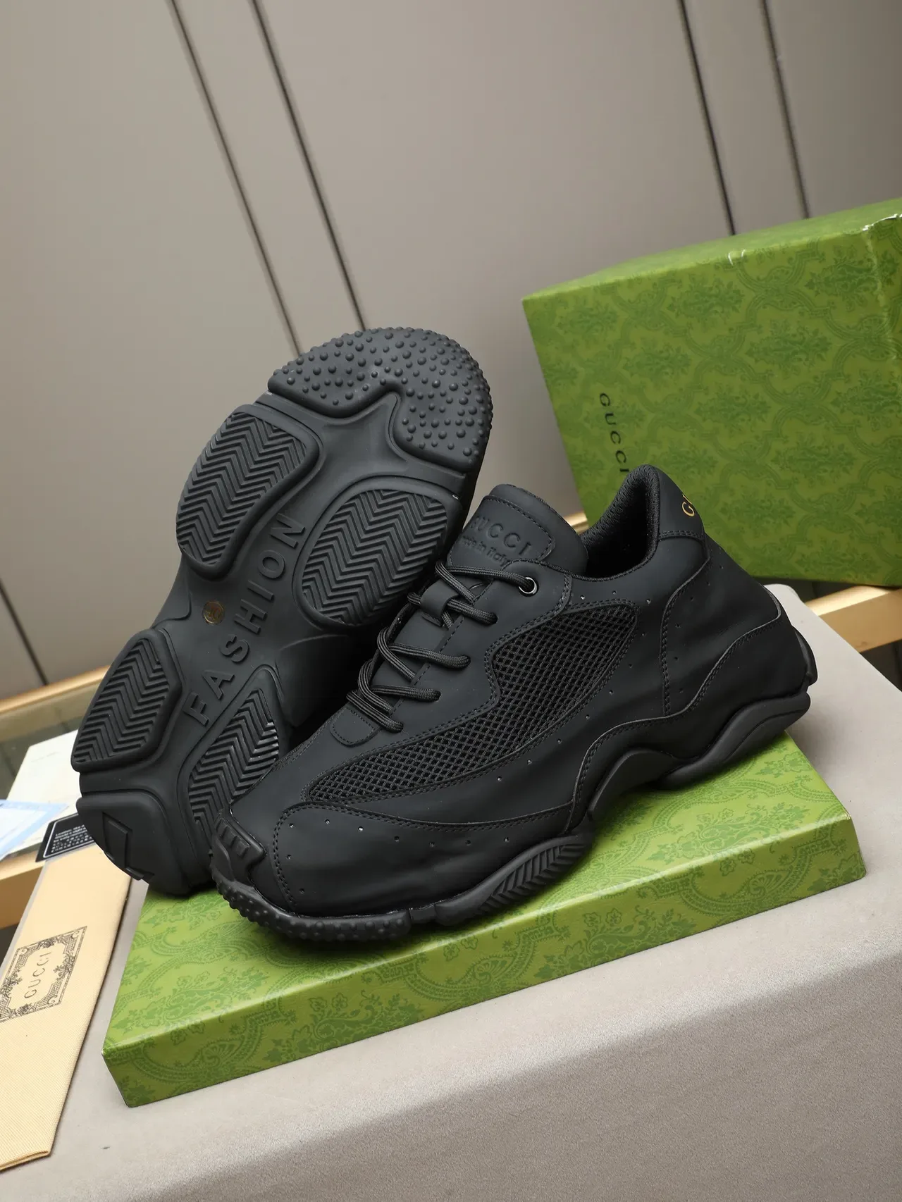 Gucci Black Gold Sculpted Sole Perforated Leather Chunky Sneakers 4