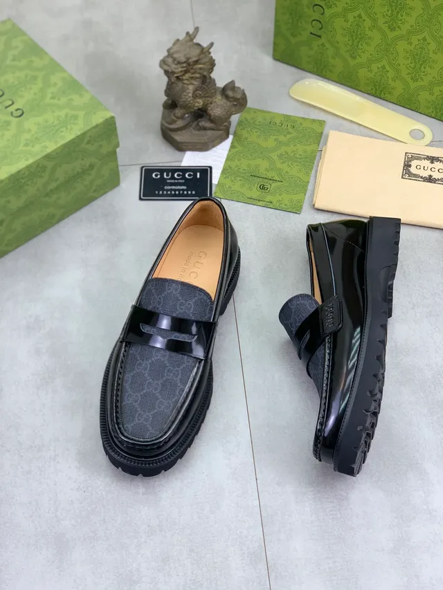 Gucci Black Gray Penny GG Monogram Canvas Loafer 6