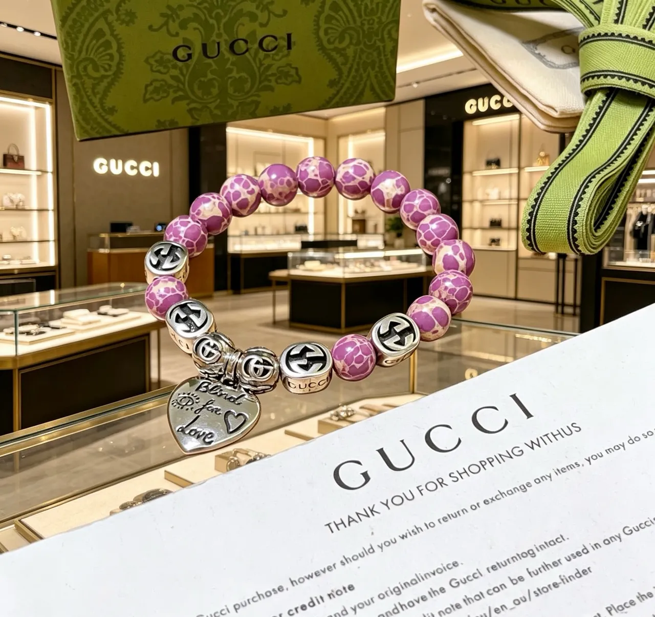 Gucci Blind for Love Purple Marbled Bead and Silver Charm Bracelet 5