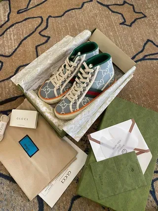 Gucci Blue Green High-Top GG Monogram Canvas Lifestyle Sneakers 7