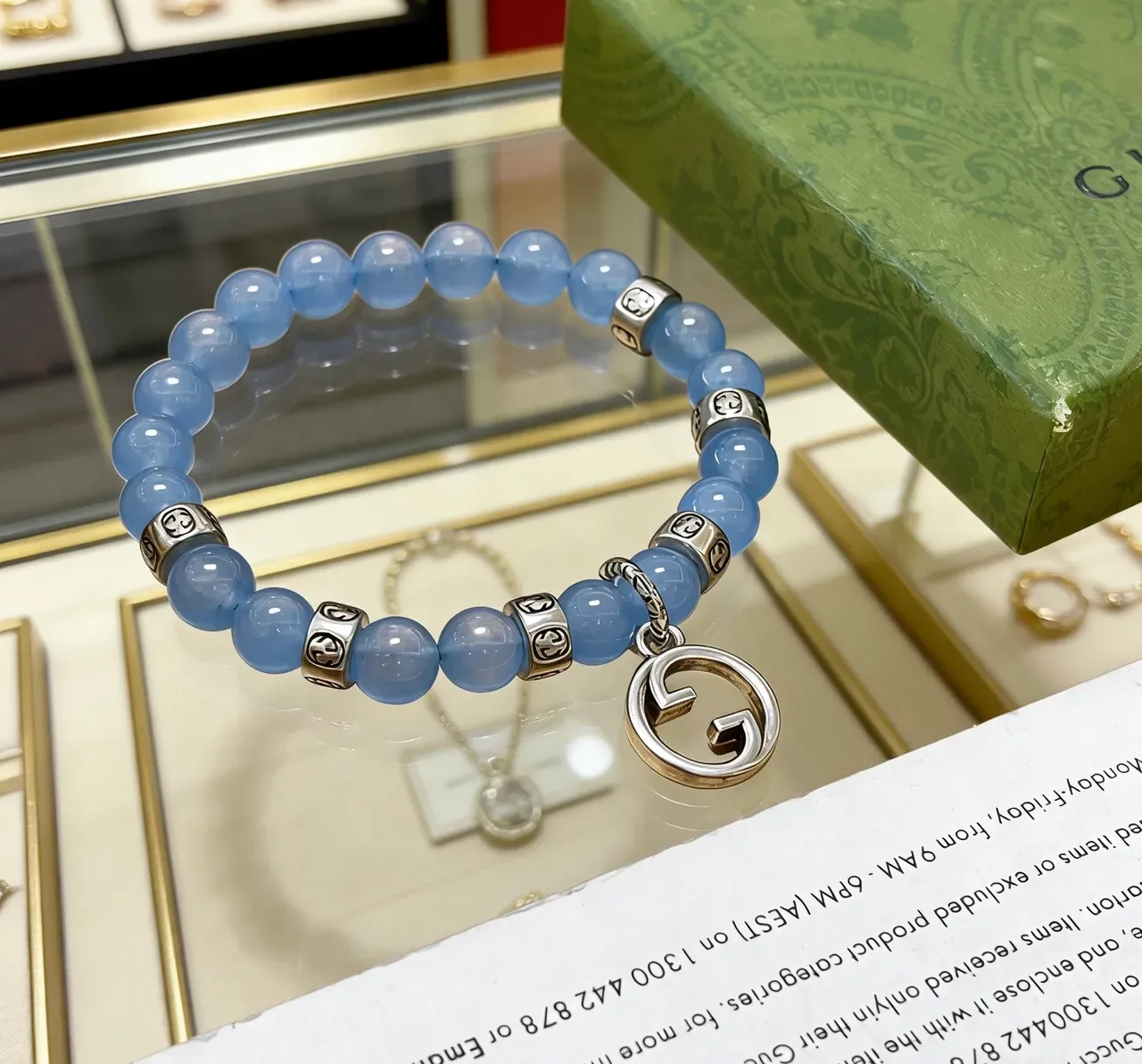 Gucci Blue Silver Beaded Interlocking G Pendant Bracelet 2