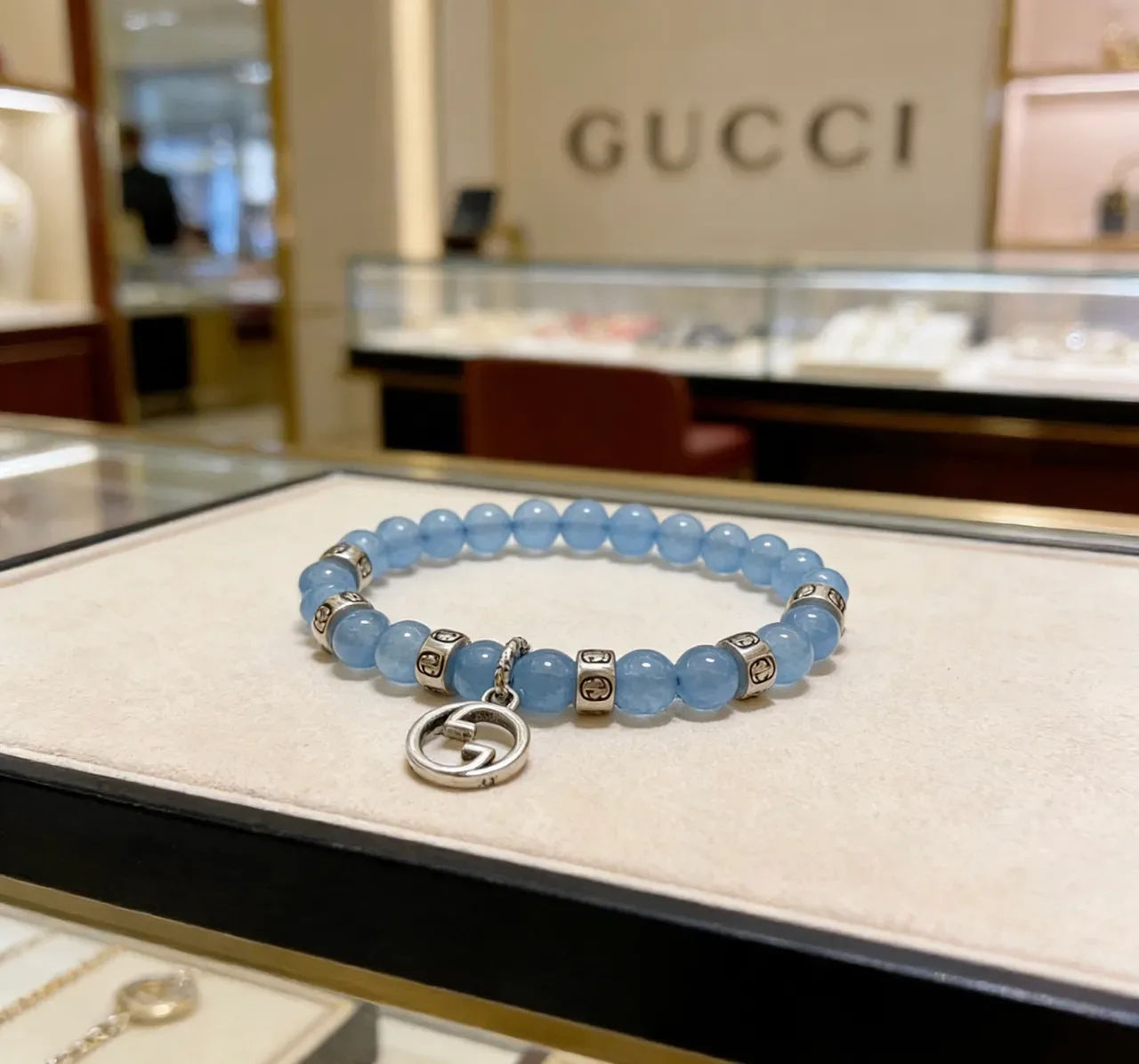 Gucci Blue Silver Beaded Interlocking G Pendant Bracelet 6