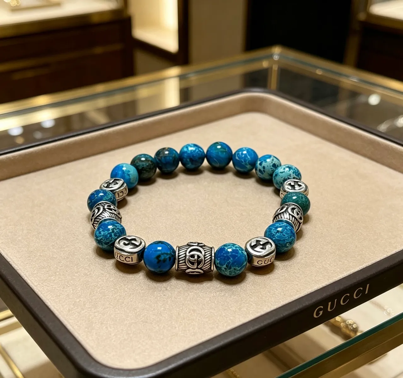 Gucci Pulsera Azul y Plata con Perlas y Acentos Metálicos 3