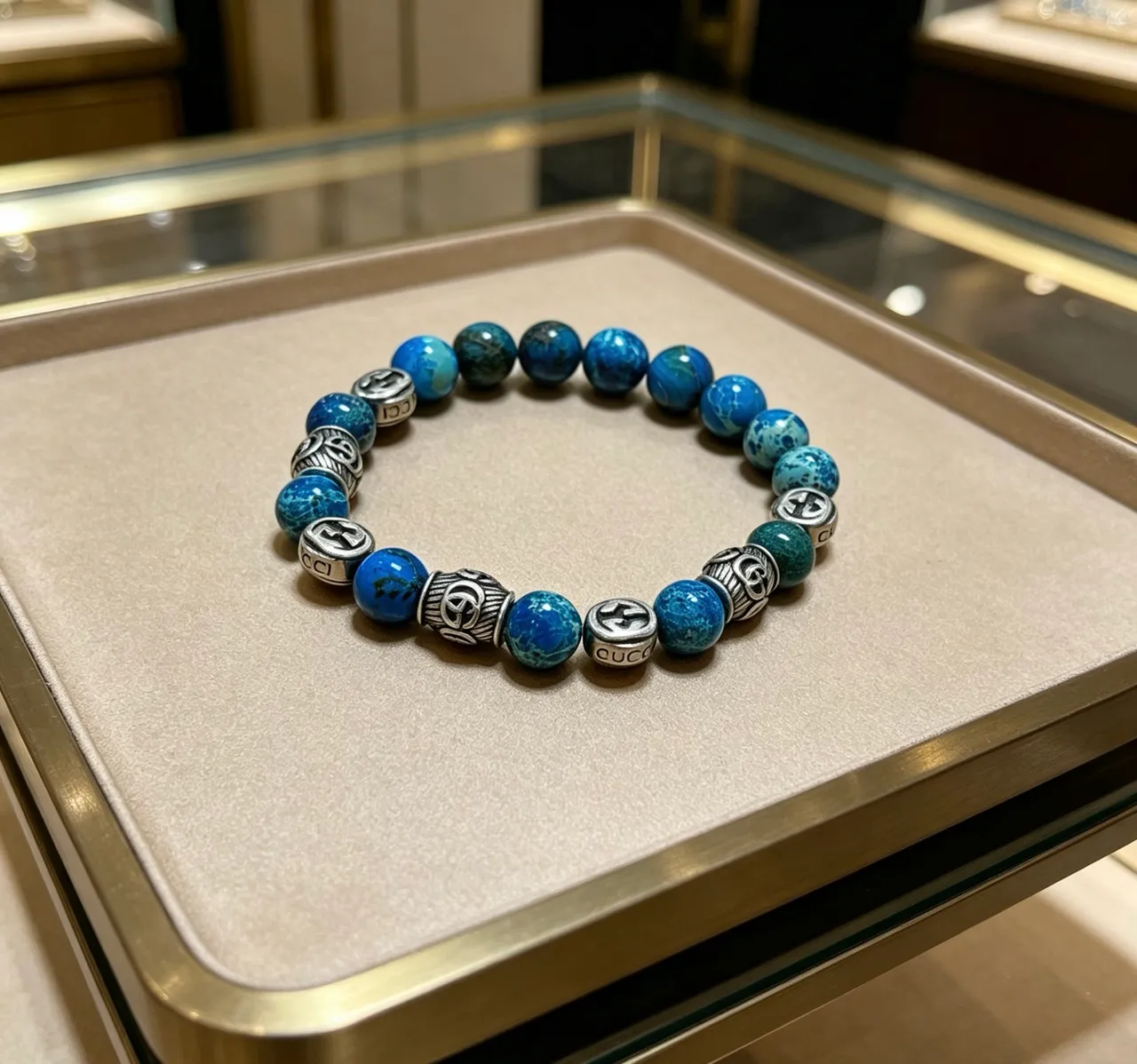 Gucci Pulsera Azul y Plata con Perlas y Acentos Metálicos 5