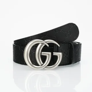 Gucci Double G 黑色银色浮雕 GG Monogram Interlocking Buckle 皮革腰带