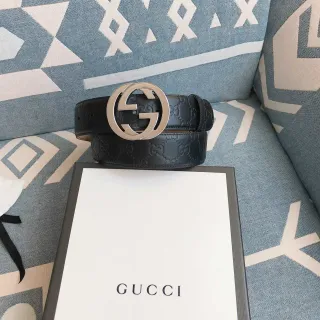 Gucci Double G حزام أسود فضي مشبك متشابك GG Monogram مطبوخ جلد حزام