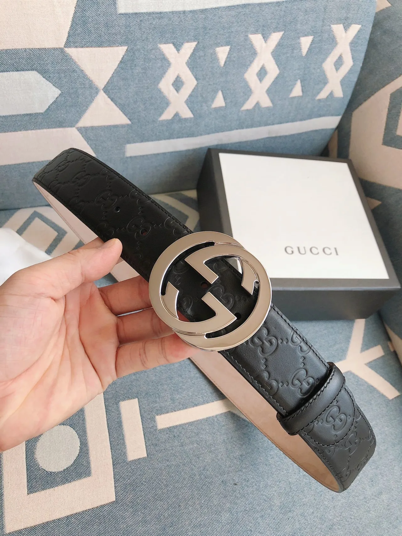 Gucci Double G Belt Black Silver Interlocking Buckle GG Monogram Embossed Leather Belt 9