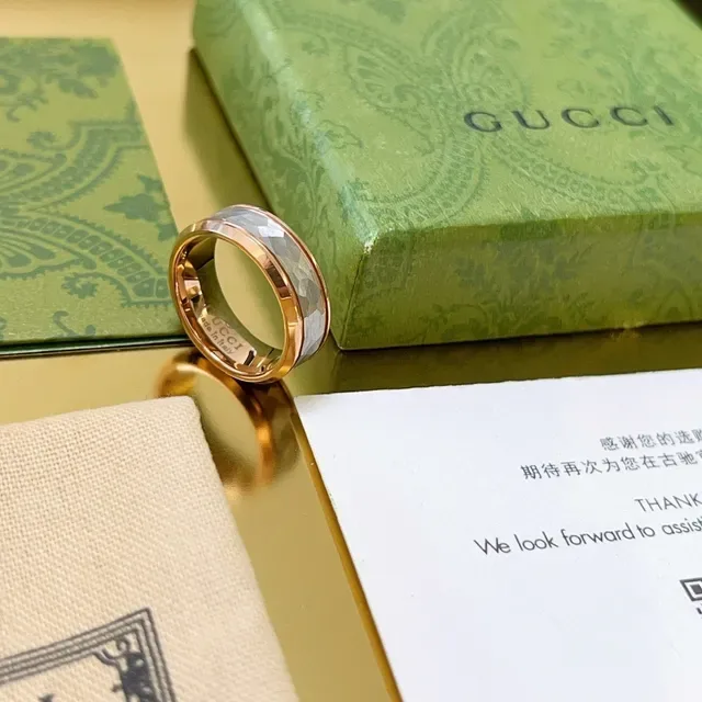 Gucci Faceted Gray and Rose Gold Wide Band Ring 6