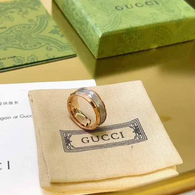Gucci Faceted Gray and Rose Gold Wide Band Ring 9