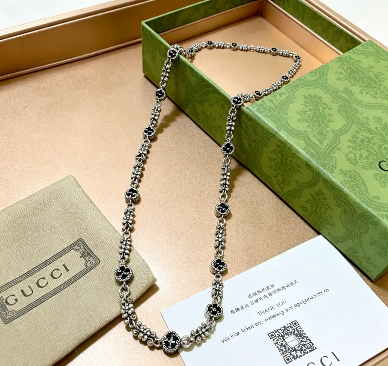 Gucci Floral Motif Black Enamel Silver-Tone Chain Necklace 6