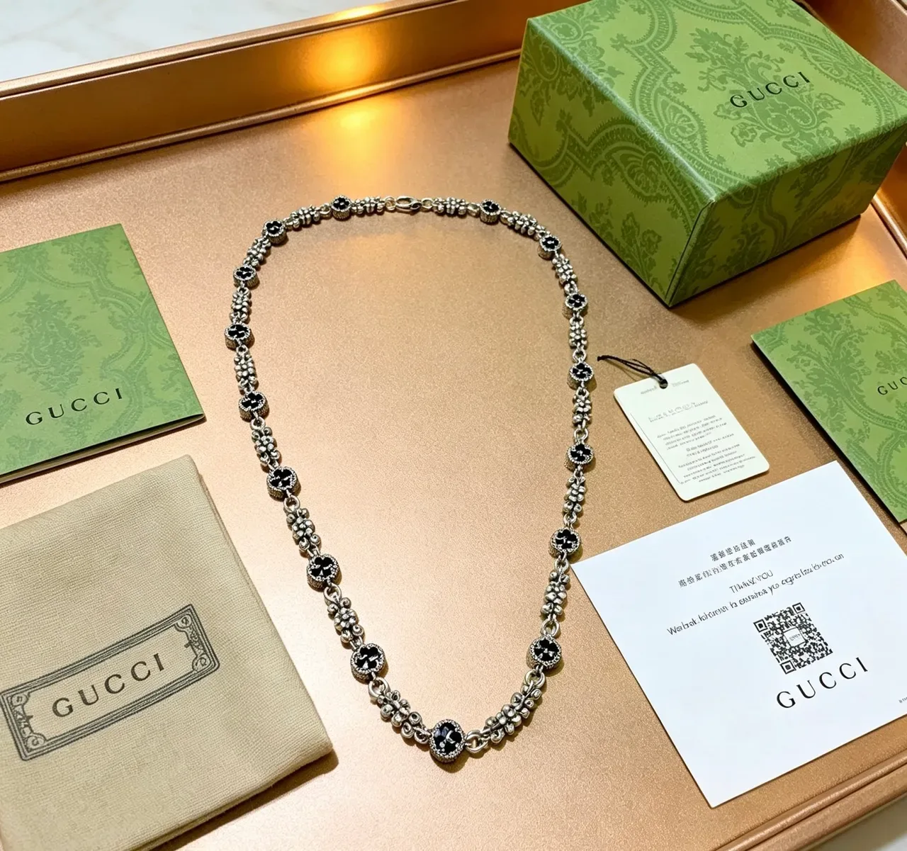Gucci Floral Motif Black Enamel Silver-Tone Chain Necklace 9