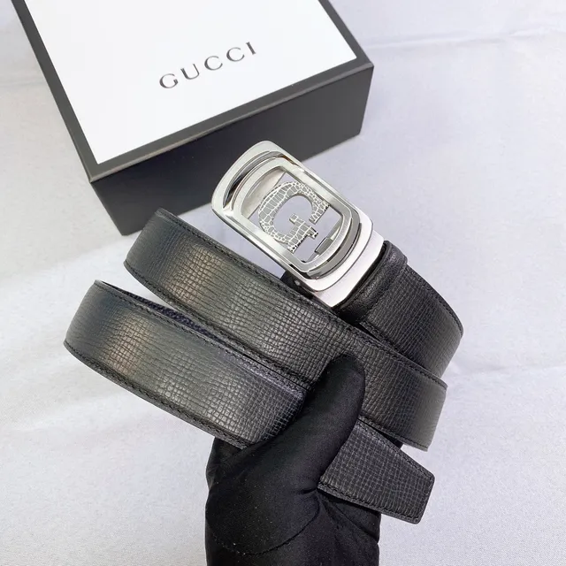 Gucci G-Buckle حزام جلد أسود منسوج 4