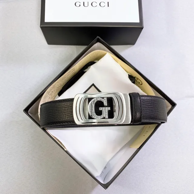 Gucci G-Buckle حزام جلد أسود منسوج 6