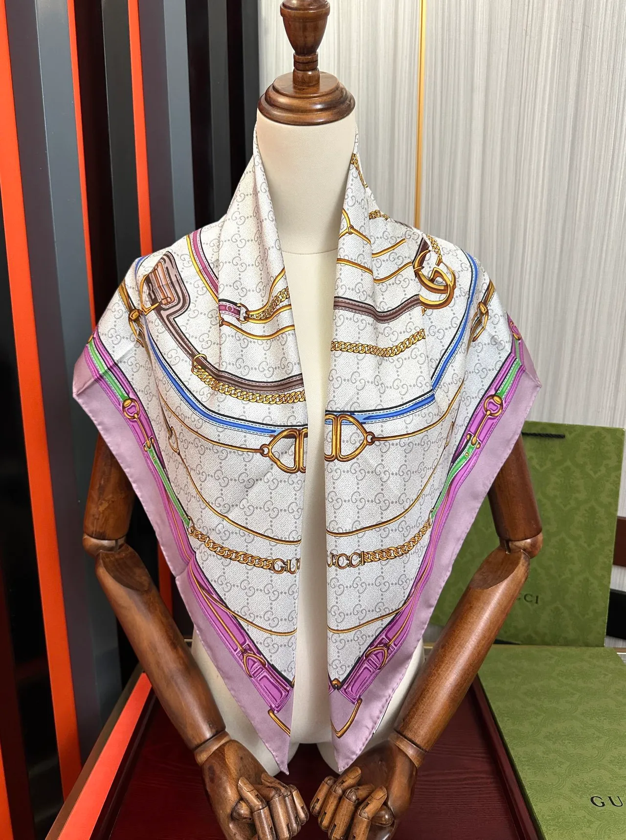 Gucci GG Marmont Beige Pink Square Interlocking G Monogram Silk Scarf 2